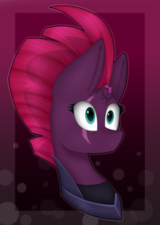 Size: 3456x4850 | Tagged: safe, artist:imbirgiana, tempest shadow, pony, unicorn, g4, my little pony: the movie, abstract background, armor, broken horn, bust, eye scar, female, horn, mare, scar, solo