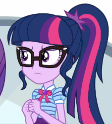 Size: 972x1076 | Tagged: safe, screencap, sci-twi, twilight sparkle, equestria girls, g4, my little pony equestria girls: better together, text support, text support: rarity, animated, cropped, female, geode of telekinesis, gif, glasses, magical geodes, nervous, shrug, smiling, solo focus