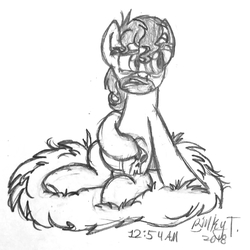 Size: 1633x1634 | Tagged: safe, artist:binkyt11, derpibooru exclusive, doctor caballeron, pony, g4, hay, male, messy mane, monochrome, nudity, pencil drawing, runny nose, sick, simple background, snot, solo, stubble, timestamp, traditional art, underhoof, white background