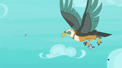 Size: 1221x685 | Tagged: safe, screencap, rarity, spike, zecora, bird, dragon, pony, roc, zebra, g4, molt down, flying, rukh, spread wings, winged spike, wings