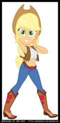 Size: 906x1863 | Tagged: safe, artist:ampersandxyz, applejack, equestria girls, g4, applejack's hat, armpits, belly button, boots, clothes, cowboy boots, cowboy hat, dancing, hat, jeans, pants, sexy, shoes, show accurate, simple background, smiling, stetson, transparent background