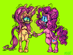 Size: 1120x838 | Tagged: safe, artist:p0rkapime, fluttershy, pinkie pie, earth pony, pegasus, pony, g4, bipedal, distended belly, female, green background, holding hands, messy mane, simple background