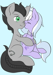 Size: 2480x3507 | Tagged: safe, artist:quila111, oc, oc only, oc:forged steel, oc:glitter jewel, earth pony, pegasus, pony, cheek kiss, cuddling, female, high res, jeweel, kissing, male, mare, shipping, stallion