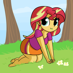 Size: 1650x1650 | Tagged: safe, artist:tjpones, sunset shimmer, equestria girls, g4, all fours, barefoot, cute, eating, feet, female, grass, grazing, homesick shimmer, humans doing horse things, shimmerbetes, solo, sunset wants her old digestive system back