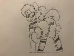 Size: 701x526 | Tagged: safe, artist:somefrigginnerd, oc, oc only, pony, robot, robot pony, bowtie, cleverbot, fat, female, glasses, google, lineart, meme, monochrome, ponified, ponytail, raised hoof, simple background, solo, traditional art