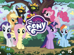 Size: 2048x1536 | Tagged: safe, gameloft, abyssinian king, abyssinian queen, applejack, fluttershy, pinkie pie, rainbow dash, rarity, twilight sparkle, abyssinian, alicorn, butterfly, cat, pony, g4, game screencap, loading screen, mane six, my little pony logo, twilight sparkle (alicorn)