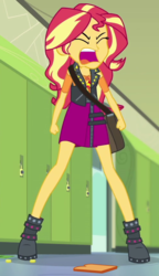 Size: 496x863 | Tagged: safe, edit, screencap, sunset shimmer, equestria girls, equestria girls series, forgotten friendship, g4, angry, boots, bread, clothes, coin, cropped, eyes closed, female, food, geode of empathy, jacket, leather jacket, lockers, magical geodes, open mouth, shoes, solo