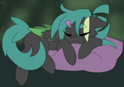 Size: 1200x844 | Tagged: dead source, safe, artist:moonakart13, artist:moonaknight13, queen chrysalis, oc, oc:crystal queen, oc:emerald ovia, changeling, pegasus, pony, g4, bangs, blanket, changeling dragon, changeling oc, cushion, eyes closed, floppy ears, hairclip, markings, nap, phone, scales, sleeping, smiling, smirk, text