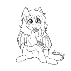 Size: 1200x1200 | Tagged: safe, artist:twisted-sketch, edit, editor:dsp2003, oc, oc:panne, bat pony, bat pony oc, black and white, commission, cute, daaaaaaaaaaaw, female, food, french fries, grayscale, hoof hold, looking at you, monochrome, question mark, simple background, traditional art, white background