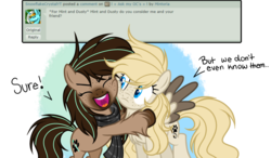 Size: 1024x600 | Tagged: safe, artist:mintoria, oc, oc only, oc:dusty, oc:mint, pegasus, pony, ask, base used, clothes, deviantart, female, hug, mare, scarf, simple background, transparent background