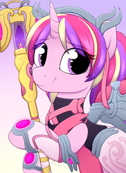 Size: 3000x4125 | Tagged: safe, artist:moozua, derpibooru exclusive, princess cadance, pony, g4, alternate hairstyle, blizzard entertainment, breast cancer awareness, crossover, female, gold weapon, mercy, overwatch, pigtails, pink mercy, ponytails, solo