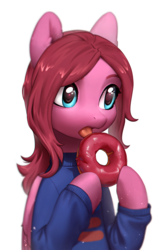 Size: 1640x2438 | Tagged: safe, artist:aphphphphp, oc, oc only, oc:seraphic crimson, pegasus, pony, clothes, donut, eating, female, food, mare, open mouth, simple background, solo, sweater, tongue out, white background