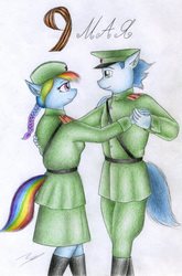 Size: 1465x2219 | Tagged: safe, artist:sinaherib, rainbow dash, soarin', anthro, g4, dancing, female, male, military uniform, ship:soarindash, shipping, straight, traditional art, waltz