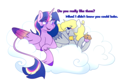 Size: 3212x2123 | Tagged: safe, artist:cubbybatdoodles, derpy hooves, twilight sparkle, alicorn, pony, g4, duo, female, food, high res, leonine tail, lesbian, muffin, ship:twerpy, shipping, simple background, transparent background, twilight sparkle (alicorn), unshorn fetlocks