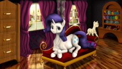 Size: 3840x2160 | Tagged: safe, artist:samum41, rarity, pony, unicorn, adorkable, carousel boutique, couch, cupboard, curtains, cute, dork, dummy, fabric, fainting couch, female, interior, looking at you, lying, mannequin, needle, ponyquin, ponyville, realistic anatomy, reflection, room, scroll, smiling, solo, spool, thread, uncanny valley, window