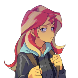 Size: 2550x2550 | Tagged: safe, artist:rustyartist, sunset shimmer, equestria girls, g4, backpack, bags under eyes, clothes, female, high res, looking at you, simple background, solo, sweater, transparent background