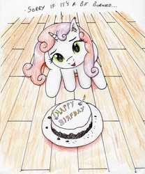 Size: 2448x2939 | Tagged: safe, artist:40kponyguy, derpibooru exclusive, sweetie belle, pony, unicorn, g4, badgingbadger, birthday, cake, candle, cooking, cute, diasweetes, ear fluff, female, filly, fire, food, happy birthday, head tilt, high res, looking at you, looking up, looking up at you, misspelling, solo, sweetie belle can't cook, sweetie fail, traditional art, wooden floor