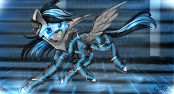 Size: 1920x1040 | Tagged: safe, artist:wolfchen999, oc, oc only, pegasus, pony, grid, male, powersuit, solo, tron, visor