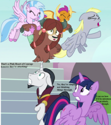Size: 1280x1440 | Tagged: safe, edit, edited screencap, editor:korora, screencap, chancellor neighsay, derpy hooves, silverstream, smolder, twilight sparkle, yona, alicorn, classical hippogriff, hippogriff, pony, g4, my little pony: the movie, school daze, not what it looks like, text, twilight sparkle (alicorn)