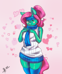 Size: 2344x2780 | Tagged: safe, artist:mrscurlystyles, oc, oc only, oc:💚, earth pony, anthro, unguligrade anthro, blushing, clothes, female, heart, high res, scarf, socks, solo, sweater
