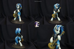 Size: 1095x730 | Tagged: safe, artist:shuxer59, dj pon-3, vinyl scratch, pony, unicorn, g4, bipedal, denim shorts, female, figure, guitar, hoof hold, mare, missing accessory, sculpture, smiling, traditional art