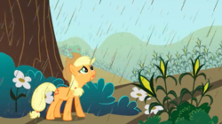 Size: 1440x808 | Tagged: safe, screencap, applejack, earth pony, pony, g4, the return of harmony, chocolate, chocolate rain, corn, female, food, looking up, maize, mare, rain, solo