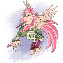 Size: 2000x2000 | Tagged: safe, artist:sourcherry, oc, oc only, classical hippogriff, hippogriff, fallout equestria, bottle, clothes, feathered fetlocks, female, fluttershy medical saddlebag, glasses, high res, jewelry, leg warmers, medic, medical saddlebag, medicine, medkit, necklace, open mouth, potion, potions, saddle bag, solo, spread wings, wings