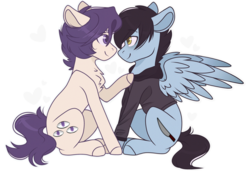 Size: 3000x2048 | Tagged: safe, artist:cinnamontee, oc, oc only, oc:nell, oc:tyler, earth pony, pegasus, pony, gay, high res, male, oc x oc, shipping, simple background, sitting, third eye, transparent background