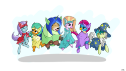 Size: 6400x3600 | Tagged: safe, artist:maneingreen, gallus, ocellus, sandbar, silverstream, smolder, yona, changedling, changeling, classical hippogriff, dragon, earth pony, griffon, hippogriff, pony, yak, g4, horse play, acting, clothes, cloven hooves, costume, cute, dancing, diaocelles, diastreamies, dragoness, fake beard, fake ears, fake horn, female, gallabetes, happy, male, performance, prosthetic butt, sandabetes, simple background, smolderbetes, star swirl the bearded costume, student six, teenager, white background, wig, yonadorable