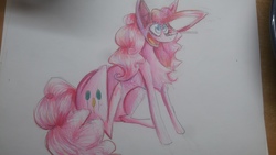 Size: 3264x1836 | Tagged: safe, artist:localscum, pinkie pie, earth pony, pony, g4, chest fluff, cute, cutie mark, female, happy, looking up, open mouth, sitting, solo, traditional art
