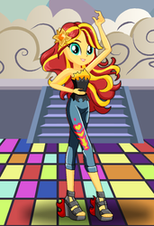 Size: 425x623 | Tagged: safe, artist:spike fancy, sunset shimmer, human, equestria girls, g4, boots, clothes, cropped, dress up game, female, hairpin, high heel boots, human sunset, looking at you, pants, shoes, smiling, toes