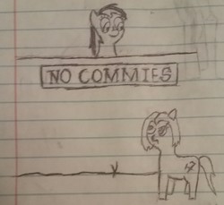 Size: 1414x1295 | Tagged: safe, artist:anonymous, oc, oc only, oc:leslie fair, oc:veronika, earth pony, pony, /mlpol/, border, lined paper, security, sign, traditional art, wall
