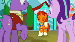 Size: 854x480 | Tagged: safe, screencap, firelight, starlight glimmer, stellar flare, sunburst, pony, unicorn, g4, the parent map, animated, displeased, father and daughter, female, glowing horn, horn, jewelry, male, mare, mother and son, necklace, pearl necklace, raised hoof, reunion, scissors, sire's hollow, stallion