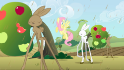 Size: 1440x811 | Tagged: safe, screencap, fluttershy, girabbit, pegasus, pony, rabbit, squirrel, g4, season 2, the return of harmony, animal, apple, apple tree, chaos, chocolate, chocolate rain, female, food, giant apple, mare, rain, raised hoof, sweet apple acres, tree