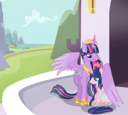 Size: 776x697 | Tagged: safe, artist:ponycat-artist, twilight sparkle, oc, oc:scarlet star sparkle, alicorn, pony, g4, base used, duo, female, hoof shoes, hug, jewelry, large wings, mare, mother and daughter, offspring, older, older twilight, older twilight sparkle (alicorn), parent:flash sentry, parent:twilight sparkle, parents:flashlight, peytral, regalia, tiara, twilight sparkle (alicorn), ultimate twilight, winghug, wings