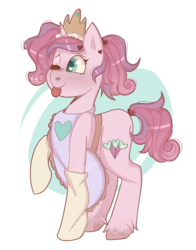 Size: 3136x4000 | Tagged: safe, artist:violetwinged22, oc, oc only, oc:confectionery hearts, pony, unicorn, apron, clothes, crown, female, jewelry, mare, raised hoof, regalia, simple background, solo, tongue out, transparent background, unshorn fetlocks