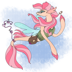 Size: 2000x2000 | Tagged: safe, artist:sourcherry, oc, oc only, seapony (g4), fallout equestria, bag, bottle, clothes, dorsal fin, female, fin, fin wings, fins, fish tail, floppy ears, flowing mane, flowing tail, glasses, green eyes, high res, looking at you, mare, ocean, potion, potions, rope, scales, smiling, smiling at you, solo, spread wings, swimming, tail, underwater, water, wings