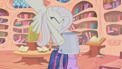 Size: 1280x720 | Tagged: safe, screencap, fluttershy, twilight sparkle, pegasus, pony, g4, the return of harmony, book, bucket, duo, female, flutterbitch, golden oaks library, mare, smiling, statue, wet mane