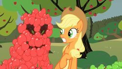 Size: 1280x720 | Tagged: safe, screencap, applejack, keepers of the grove of truth, earth pony, pony, g4, the return of harmony, apple, apple tree, canterlot hedge maze, duo, female, food, hedge maze, mare, maze, raised hoof, tree