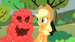 Size: 1440x808 | Tagged: safe, screencap, applejack, keepers of the grove of truth, earth pony, pony, g4, the return of harmony, apple, apple tree, canterlot hedge maze, duo, female, food, hedge maze, mare, maze, open mouth, raised hoof, tree