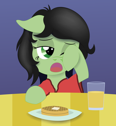 Size: 4000x4320 | Tagged: safe, artist:anonymousdrawfig, oc, oc only, oc:filly anon, pony, breakfast, clothes, cute, female, filly, floppy ears, food, glass, juice, lidded eyes, milk, orange juice, pajamas, plate, solo, table, tired, waffle, yawn