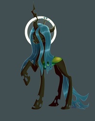 Size: 761x969 | Tagged: safe, artist:dumddeer, queen chrysalis, changeling, changeling queen, g4, crown, female, gray background, halo, horn, jewelry, raised hoof, regalia, simple background, solo