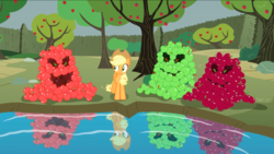 Size: 1440x811 | Tagged: safe, screencap, applejack, keepers of the grove of truth, earth pony, pony, g4, the return of harmony, apple, apple tree, canterlot hedge maze, female, food, group, hedge, hedge maze, mare, maze, pond, quartet, tree