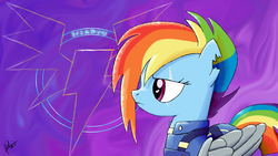 Size: 2560x1440 | Tagged: safe, artist:fedairkid, rainbow dash, pony, g4, abstract background, alternate timeline, amputee, apocalypse dash, augmented, crystal war timeline, eye scar, prosthetic limb, prosthetic wing, prosthetics, scar, side view, soldier, torn ear