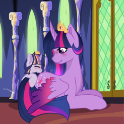 Size: 1024x1024 | Tagged: safe, artist:sylveontriestodraw, twilight sparkle, oc, oc:sunrise aurora, alicorn, pony, unicorn, g4, female, filly, mother and daughter, nom, offspring, parent:flash sentry, parent:twilight sparkle, parents:flashlight, prone, twilight sparkle (alicorn)