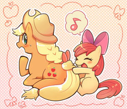 Size: 600x517 | Tagged: safe, artist:toraneko, apple bloom, applejack, earth pony, pony, g4, adorabloom, apple bloom's bow, applebutt, blushing, bow, cowboy hat, cute, duo, female, hair bow, hat, hug, jackabetes, looking back, music notes, pictogram, sisters, speech bubble
