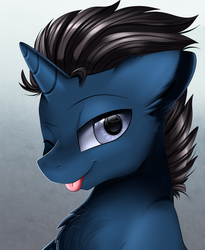 Size: 1446x1764 | Tagged: safe, artist:pridark, oc, oc only, oc:slashing prices, pony, unicorn, bust, chest fluff, commission, eye reflection, male, one eye closed, portrait, raised eyebrow, reflection, simple background, solo, stallion, tongue out, wink