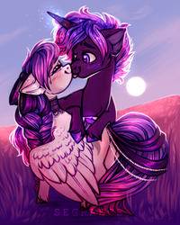 Size: 2000x2500 | Tagged: safe, artist:segraece, oc, oc only, pegasus, pony, unicorn, commission, female, grass, high res, jewelry, looking at each other, magic, male, mare, mlem, oc x oc, shipping, silly, stallion, straight, tongue out