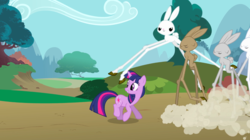 Size: 1440x808 | Tagged: safe, screencap, angel bunny, twilight sparkle, girabbit, pony, rabbit, unicorn, g4, season 2, the return of harmony, angel is a bunny bastard, bunny stampede, dust cloud, female, imminent pain, leaping, mare, stampede, this will end in pain, unicorn twilight