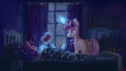 Size: 1921x1080 | Tagged: safe, artist:plainoasis, twilight sparkle, twilight velvet, pony, unicorn, g4, bed, bedroom, book, chair, curtains, drawer, female, filly, filly twilight sparkle, glowing horn, horn, magic, mare, mother and daughter, night, rain, sleeping, smiling, telekinesis, window, younger